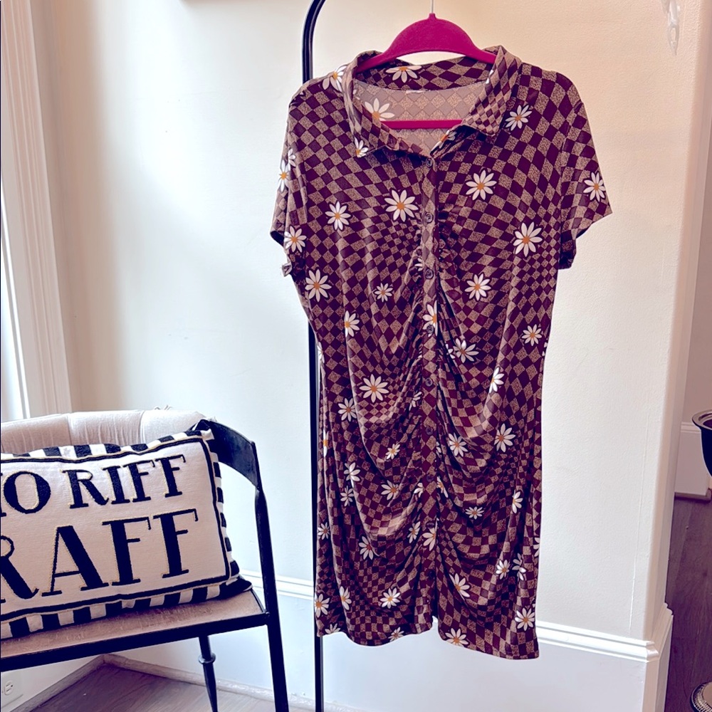 Brown Checkered Floral Dress